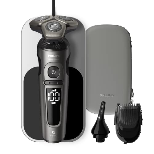Philips Série 9000 Prestige máquina de barbear elétrica para homem, máquina de barbear de barbear, 72 lâminas, 60 min de uso, seco e húmido, recarregável, base de carregamento QI, nargueiro,