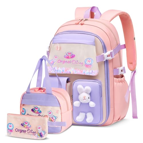 Tanou Mochila escolar primária para menina, 3 peças mochilas colégio com lancheira e estojo, mochilas infantis de estilo frigorífico para meninas e meninas