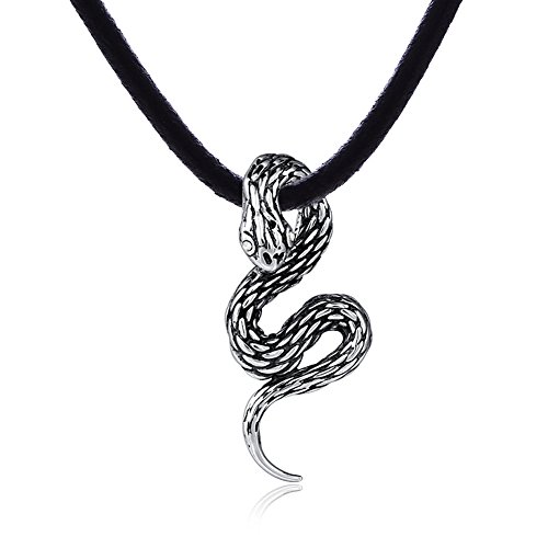 DonDon Colar de couro para homem, 50 cm, com pendente de cobra de aço inoxidável com pedra branca, entregue em saco de veludo, couro, zircónia cúbica, Couro, Zircónia cúbica