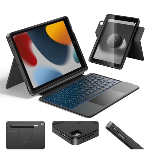 HOU Combo teclado iPad de 9.ª geração (10,2", 2021), 8.ª 2020/7.ª geração de 2019. Trackpad multitáctil, retroiluminação de 7 cores, rotativa e removível, modo vertical/horizontal, espanhol preto