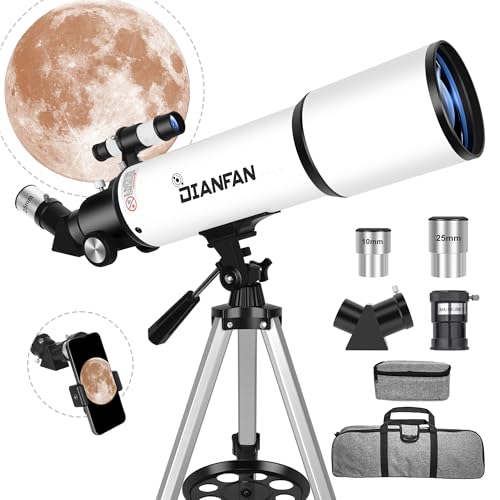 Dianfan Telescópio, 80 mm de abertura 600 mm telescópio astronómico para adultos iniciantes em crianças, poderoso profissional refletor alta transmissão, com montagem AZ, tripé, adaptador de telefone
