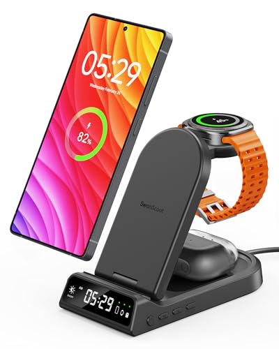 SwanScout Carregador sem fios para Samsung S25 Ultra, estação de carregamento sem fios 3 em 1 para Galaxy S25/S24/Z Flip 6, base de carregamento para Samsung Watch Ultra/7/6, para Galaxy Buds 3