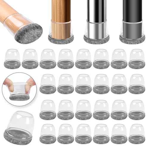 Ezprotekt Protetores de chão de silicone cinzento para pernas de cadeira, 20 - 28 mm, 32 tampas de silicone para pernas de cadeira com feltro enrolado, capas de silicone para pernas de cadeira redonda