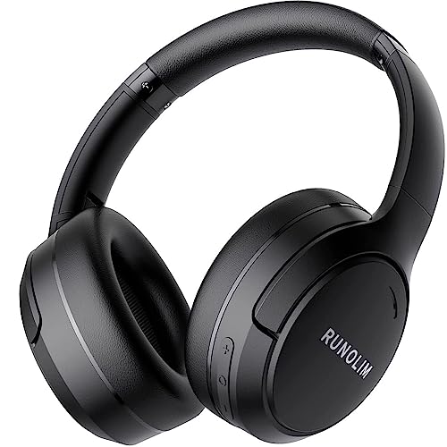 RUNOLIM Auriculares híbridos com cancelamento ativo de ruído, auriculares sem fios Bluetooth com microfone, 65 horas de autonomia, dobráveis, graves profundos, auriculares Bluetooth