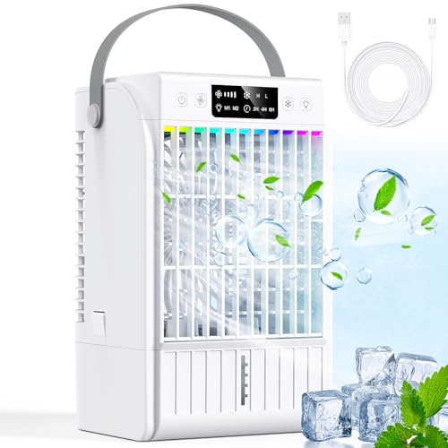 Ar condicionado portátil, ventilador de 1700 ml, 4 vento, 2 funções de pulverização, 7 LED de cor, USB-C, cronómetro 1-6h, para quartos, escritórios, carros