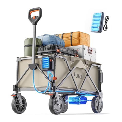 Litheli Carrinho elétrico dobrável, com pneus de 20 cm, capacidade de 200 l, carga de 60 kg, 2 travões, adequado para campismo, jardim, praia, compras (bege novo)