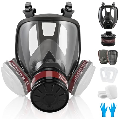 Faburo - Respirator facial completo reutilizável, proteção respirável facial com 10 filtros de substituição, 5 pares de luvas para pintura, partículas de pó, produtos químicos
