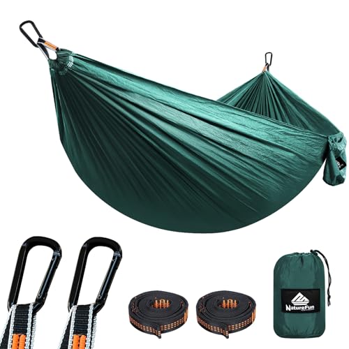 NATUREFUN Rede ultraleve para Camping| 300 kg de capacidade de carga, estilo paraquedas, de Nylon, respirável e de secagem rápida 2 mosquetões premium, 2 lingas de nylon incluídas.