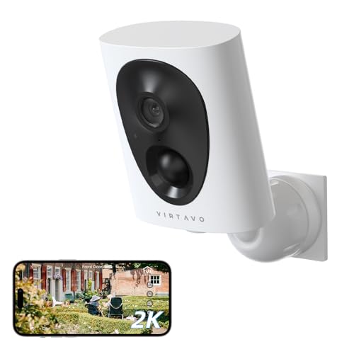 virtavo 2K Câmara de vigilância WiFi exterior/interior sem cabos bateria recarregável, QHD, IA para deteção, longa duração em espera, visão noturna colorida, deteção de movimento PIR