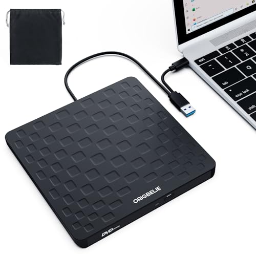 ORIGBELIE Gravador de CD de DVD externo, USB 3.0 tipo C ultra fino 13 mm unidade CD/DVD +/-RW, Plug & Play leitor de CD externo para portátil, Windows 11/10/8/7, Linux e Mac OS (preto)
