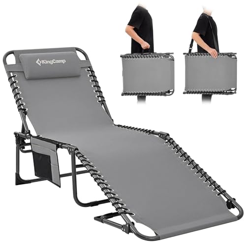 KingCamp Espreguiçadeira dobrável para exterior, espreguiçadeira, jardim, encosto ajustável em 5 posições, cadeira de jardim, espreguiçadeira de praia, cama de campismo com almofada para praia e