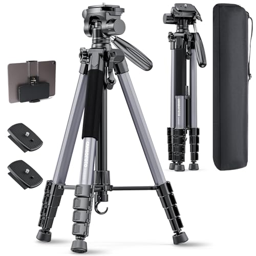 CAMBOFOTO Câmeras tripé profissional de alumínio 188 cm, suporte ajustável 360° para câmara DSLR/telemóvel, câmara de vídeo, tripé leve de viagem com bolsa e suporte para iPad/Smartphone (carregamento