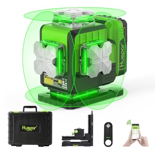Huepar Nível laser 4 x 360 ° automático, feixe verde 4D, conectividade Bluetooth, ferramenta laser 360 linhas laser horizontais e verticais, controlo remoto, estojo rígido, suporte magnético incluído