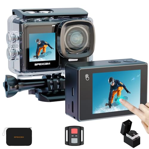 Apexcam Câmara desportiva 4k 30 FPS 20 MP com ecrã duplo tátil câmara de ação EIS Wi-Fi aquática submergível 40 m câmara de vídeo com microfone externo e duas baterias 1350 mAh vários acessórios