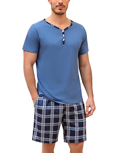 Irdcomps Pijama homem verão algodão conjunto de manga curta macia e calções roupa de dormir com bolsos e calções xadrez