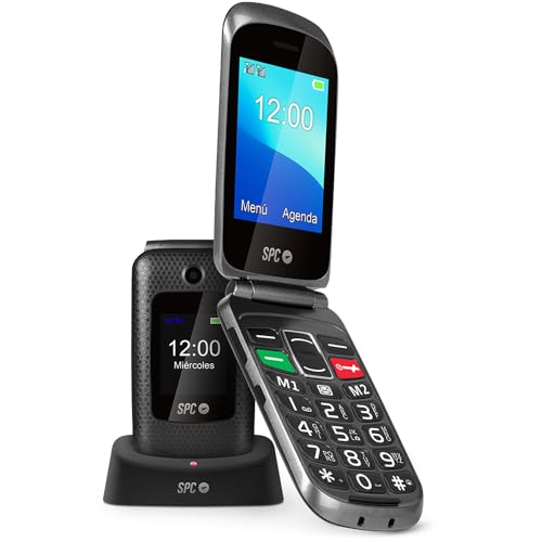 SPC Magnus - Capa para idosos com teclas grandes, configuração remota, compatível com aparelhos auditivos, campainha grande volume, ecrã duplo, botão SUS, base de carregamento USB-C - preto