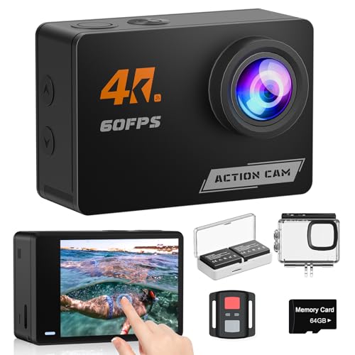 Câmara desportiva 4K 60FPS com ecrã tátil, 8X Zoom câmara de vídeo de capacete WiFi-EIS anti-vibração, 48 MP subaquática mergulho 40 m, cartão 64 GB, controlo remoto, 2 * 1350 mAh baterias, vários