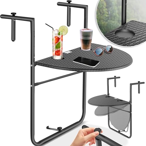 KESSER® Mesa pendente dobrável para varanda, mesa pendente de 3 alturas, altura regulável, corrimão para varanda, resistente à Intemperie, com 2 lugares para bebidas, antracite