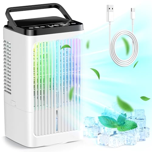 Ar condicionado portátil, ventilador de 1500 ml, 4 velocidades, iluminação LED de 7 cores, 2 funções de pulverização e temporizador de 1 a 8 horas, perfeito para quarto, escritório