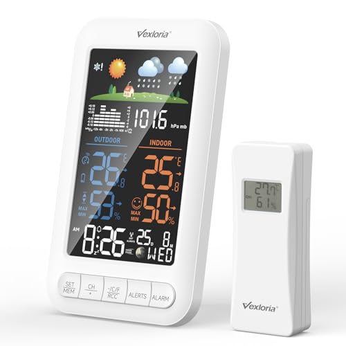 Vexloria Estação meteorológica analógica sem fios com sensor exterior, rádio relógio digital Dcf, termómetro interno, higrómetro de interior, preosticador de tempo, atualizar a versão branca