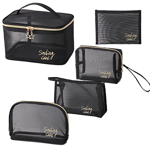 Saco de cosméticos de viagem bolsa de cosméticos de malha portátil bolsa de cosméticos transparente de peso leve bolsa de cosméticos com fecho de correr mulheres homens viagens (5 peças), Preto,