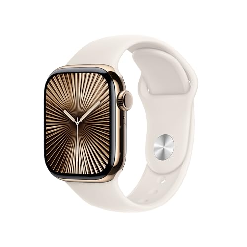Apple Watch Series 10 GPS Cellular Smartwatch com caixa de titânio ouro de 42 mm e correia desportiva branca estrela - tamanho M/L. Monitor de treino, App ECG, ecrã Retina sempre ativo