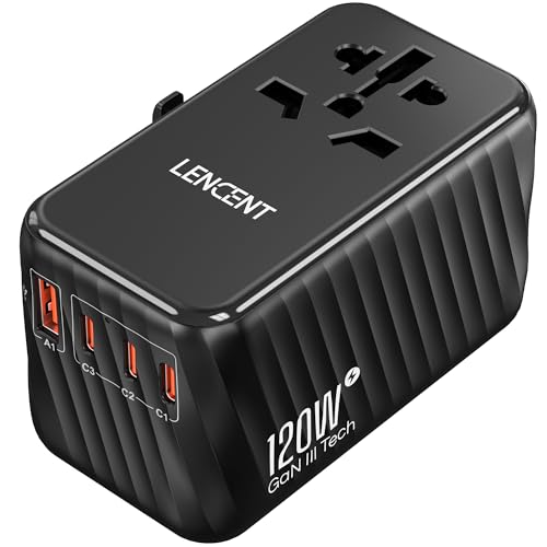 LENCENT Adaptador de tomada universal GAN de 120 W, carregador internacional com 3 PD3.0 tipo C+1 QC USB A, adaptador de viagem carregamento rápido para telemóveis, tablets, portátil, UE/EUA/UK/AU,