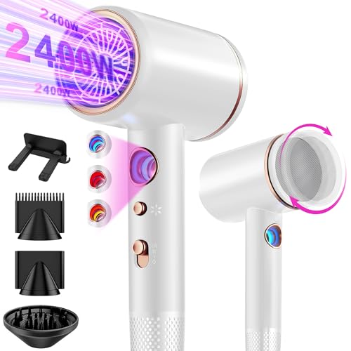 Tisoutec Secador de cabelo, secador de cabelo profissional de iões com motor AC 2400 W, difusor de cabelo 4 em 1, botão quente/frio, 3 níveis de calor, 3 níveis de velocidade, inclui