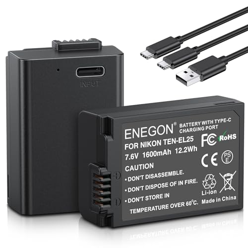 ENEGON Baterias de substituição recarregáveis EN-EL25/EL25A com carregamento direto USB-C 1600 mAh (2 unidades) com cabo de carregamento Tipo C 2 em 1 para Nikon série Z, Z50, Z30, Z FC, Nikon