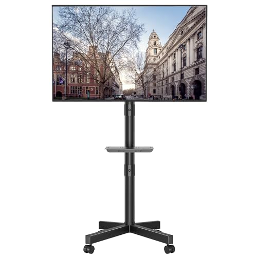 BONTEC Suporte TV rodas para televisões LED de 23 a 60 polegadas, LCD, OLED planos e curvos, suporte para televisão móvel com inclináveis e prateleira de mídia, suporte para televisão até 25 kg,