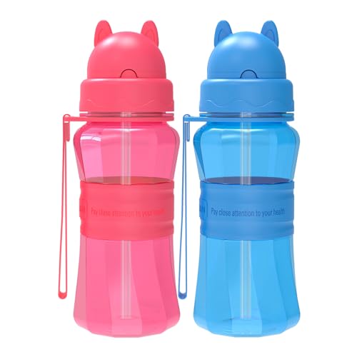 Sigdio Garrafa de água infantil com palhinha, 2 unidades, garrafa de água para crianças, 1 2, 3, 4 5 anos, sem BPA, à prova de fugas, para escola, corrida, caminhadas e atividades ao ar (rosa e azul)