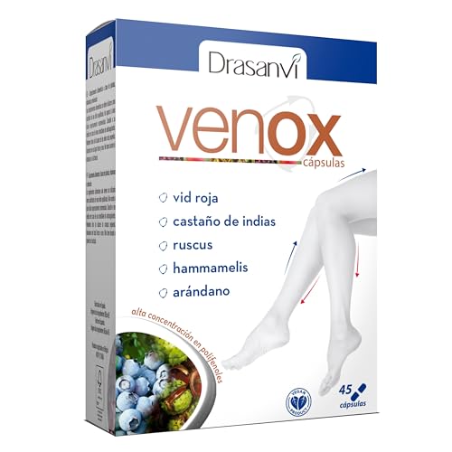 Drasanvi VENOX ajuda a melhorar a circulação, hammamelis, castanho-da-índia e ruscus, alta concentração de polipropilenos, videira vermelha, mirtilos e groselha preta, reforçado com vitaminas, 45 cáps