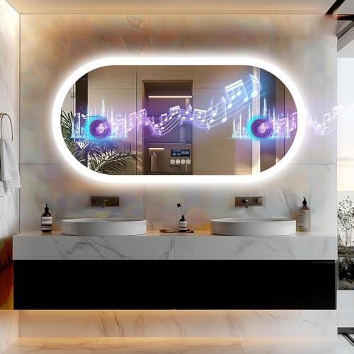 LUVODI Espelho casa de banho com luz LED oval 100 x 50 cm com Bluetooth espelhos de casa de banho anti-embaciamento com ecrã digital e luz retroiluminado regulável espelho moderno inteligente com