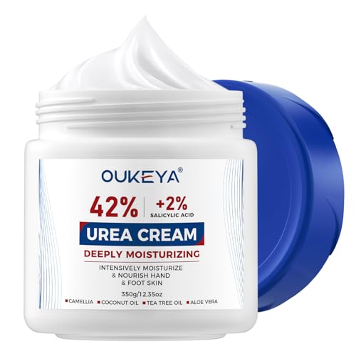 OUKEYA Creme ureia a 42% com ácido salicílico a 2%, creme pés mãos tratamento intensivo pele rachada, saltos e cotovelos, creme hidratante pés secos e rachados, elimina calos anti-fissuras, 350 g