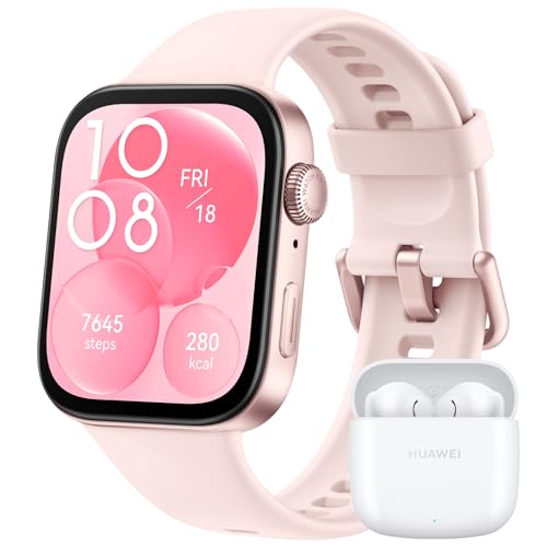 Huawei Watch Fit 3, ecrã AMOLED de 1,82 polegadas, design ultrafino, chamadas por Bluetooth, bateria de até 10 dias, compatível com Android & iOS +Freebuds SE 2, rosa