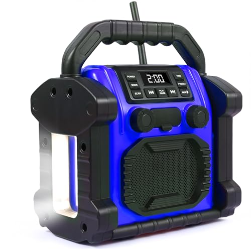 Bingxue Rádio portátil FM p250, altifalante Bluetooth USB com alarme de relógio / luz LED, dispositivo anticolisão portátil para local de construção / ao ar livre/pesca/ioga/festa/acampamento (azul)