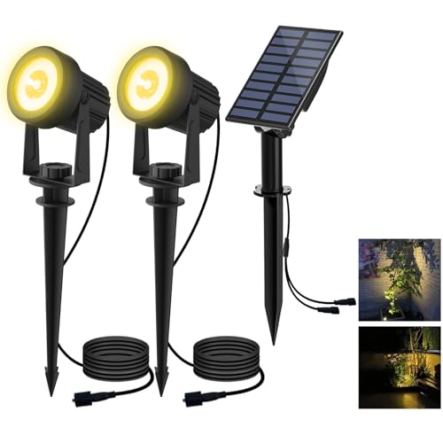 T-SUN Foco solar exterior 2 em 1 luzes jardim 3000 K luz super brilhante iluminação, impermeável IP65 candeeiro solar para caminho/relvado