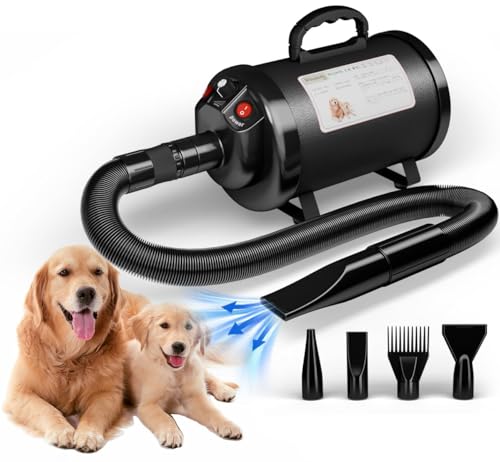 Blanlody Secador de cabelo para cães Blower muito silencioso 5,2 cv / 3800 W motor de velocidade ajustável, para cuidados com cães com 4 bicos diferentes mangueira elástica