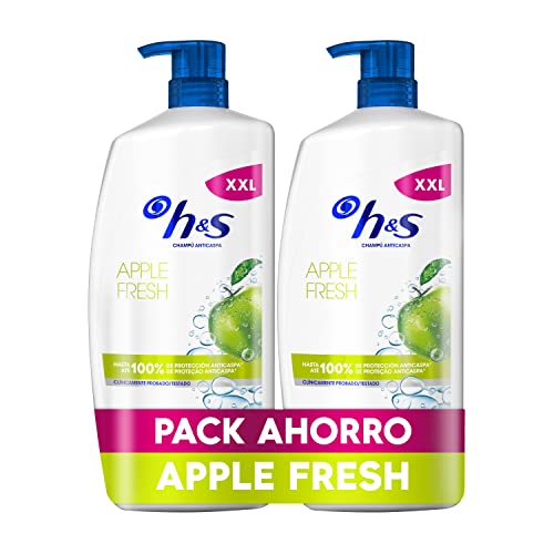 H&S Apple Fresh Shampoo anti-caspa 2 x 1000 ml com dispensador para uso diário. Até 100% de proteção anti-caspa, testada clinicamente. Para todos os tipos de cabelo e couro cabeludo. Frescor, aroma a