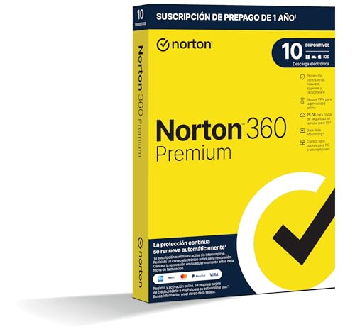 Norton 360 Premium 2025 - Antivirus Software para 10 Dispositivos y 1 año de Suscripción con Renovación Automática, Secure VPN y Gestor de Contraseñas, para PC, Mac Tableta y Smartphone