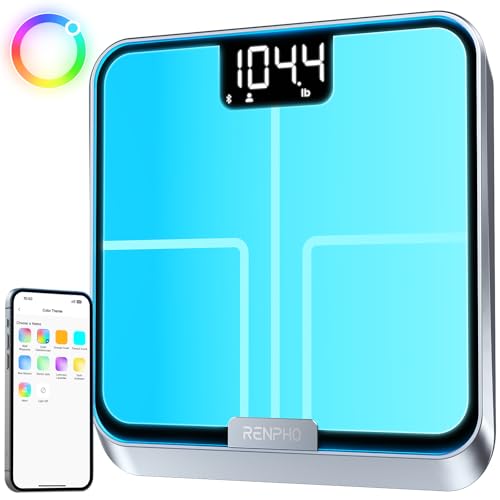 RENPHO Bascula oleosa corporal e muscular, casa de banho com ecrã multicolorido, balança inteligente com aplicação, 13 composição corporal, peso, gordura corporal, IMC, recarregável