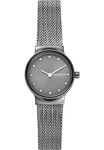 Skagen Relógio Freja Lille para mulher, movimento de quartzo de duas agulhas com correia de aço inoxidável ou pele, Grigio Carbono, pulseira