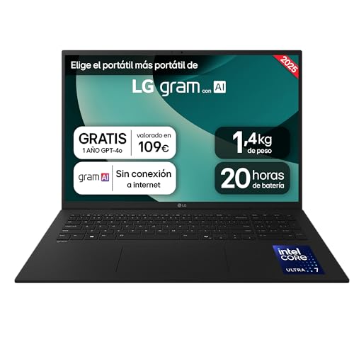 LG gram 17ZD90T-G.AX78B Computador portátil Intel Core Ultra7 255H, 16 GB RAM, 1TB SSD, ecrã IPS anti-reflexo, 1,350 g, 20 horas, FreeOS, preto, teclado. lado QWERTY Espanhol ol