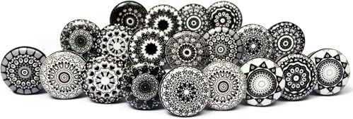 Conjunto de 20 maçanetas de cerâmica com desenhos de mosaicos florais em preto, pintados à mão. Alças artesanais para armários, gavetas, confortáveis e suspensórios. Botões clássicos de 38 mm de