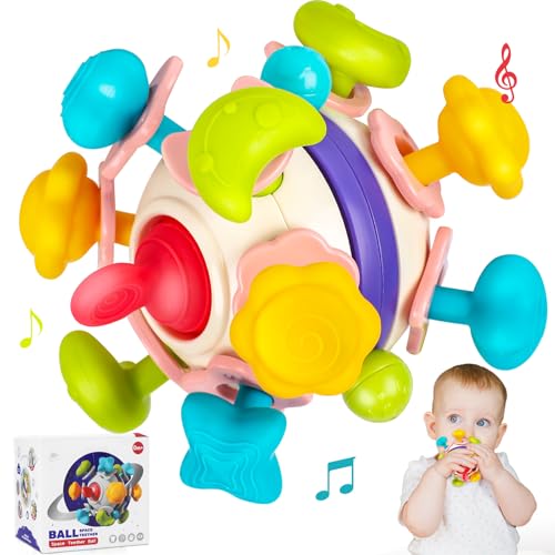Brinquedo multifuncional para dentição de bebé, brinquedo sensorial Montessori para bebés de 3 a 36 mes, chocalho / mordedor de silicone para bebé, brinquedos para o desenvolvimento motor fino do