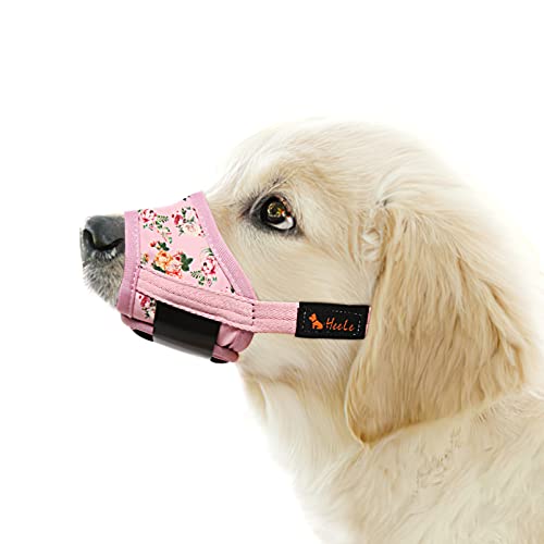 HEELE Focinheira para cães grandes, açaimes para cão anti-latidos com anti-mordida, aça-de-rosa, ajustável com lindo estampado, corte de unhas e colírio, flor rosa, L