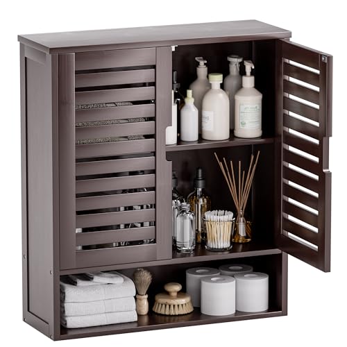 SMIBUY Armário de casa de banho montado na parede, organizador de bambu para armazenamento na sanita, kit de poupança de espaço com 2 portas e prateleiras ajustáveis (castanho escuro)