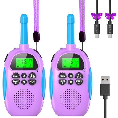 Ushining Walkie Talkie recarregável para crianças, Walkie Talkies com função VOX 10 tons de chamada LCD retroiluminado lanterna longa distância 3 KM, presente para meninas, roxo