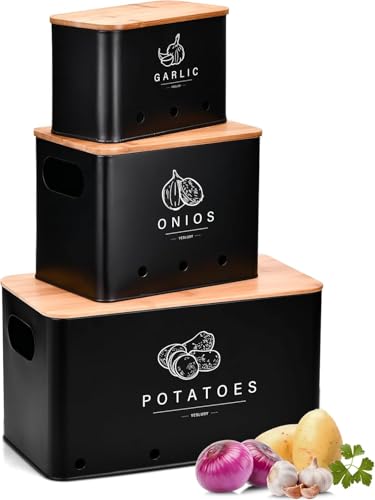 EOPUOZS Caixa para guardar batatas, conjunto de 3 frascos para guardar batatas cebolas e ilhoses, armazenamento com tampa e orifícios de ventilação, organizador de cozinha de design retro (preto)
