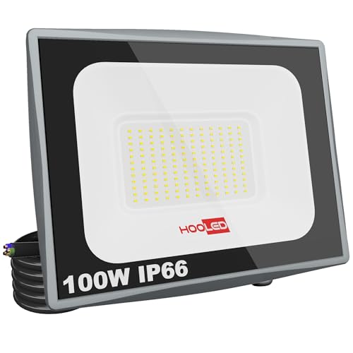 HOOLED Focos LED para exterior, 1000 ml, 6500 K, feixe de 120°, holofote projetor LED IP65 impermeáveis, branco frio floodlight, iluminação exterior para teto, jardim, pátio, porta, garagem (100 W-1